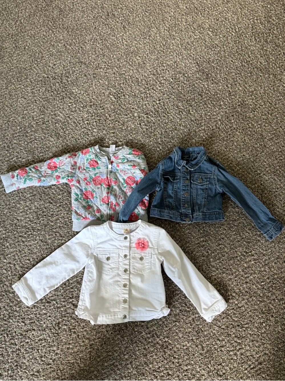Girls Floral Quilted Jacket, White Denim Jacket & Blue Jean Jacket - 3-Pack